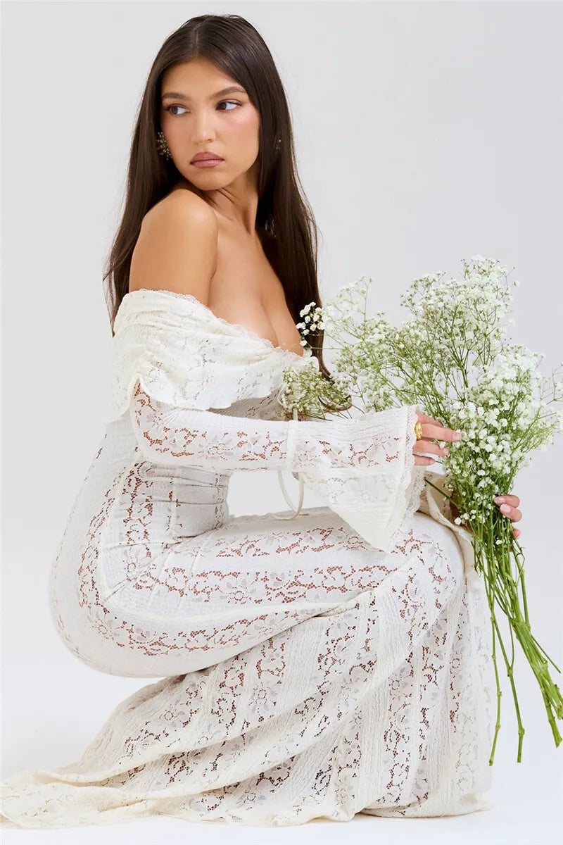 Mozision Blumen-Spitzen-Off-Shoulder Maxikleid für Damen, weiß, trägerlos, rückenfrei, langärmlig, Bodycon, Club, Party, sexy langes Kleid