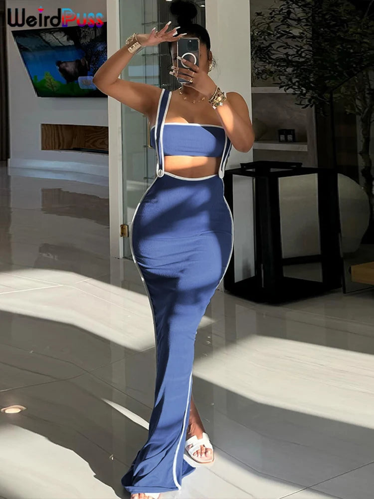 Weird Puss Summer Trend 2-teiliges Set Damen Weißer Saum Trägerloses Oberteil + Trägerkleid Elastische Streetwear-Outfits