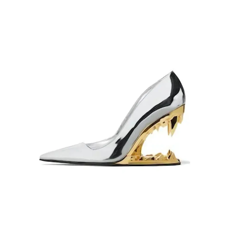 Women's New Pointed Shallow Mouth Metal Fabric Tiger Teeth Slope Heel Shoes Large 43