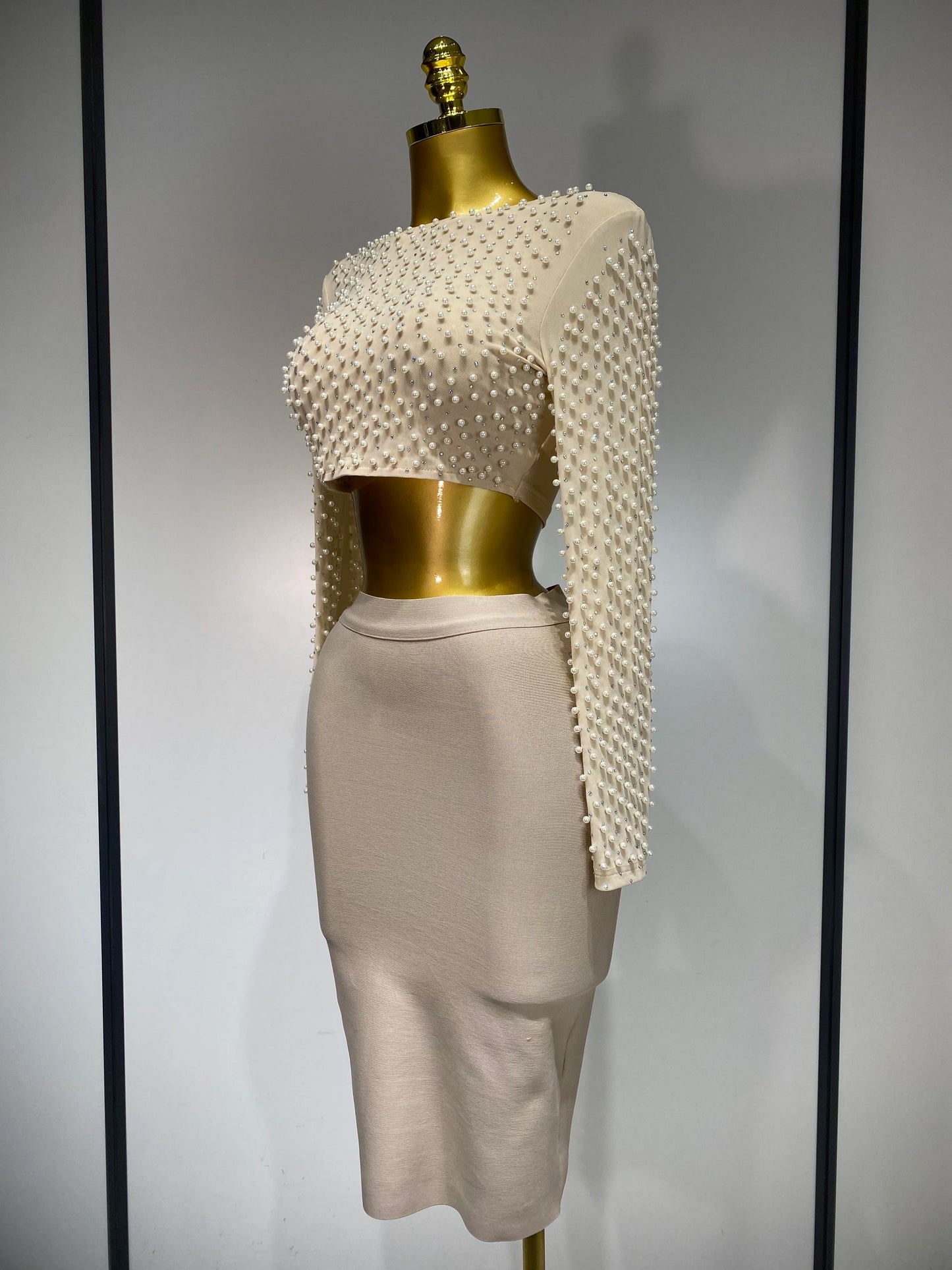 Damen Sexy Langarm Mesh Perlen Top Celebrity Midi Damen Bandage Set 2025 Designer Abendparty Luxus Geburtstag Zweiteiler Set
