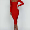 Herbst und Winter Damen Sexy Bodycon Kleid Quadratischer Ausschnitt Langarm Abendkleider für Damen