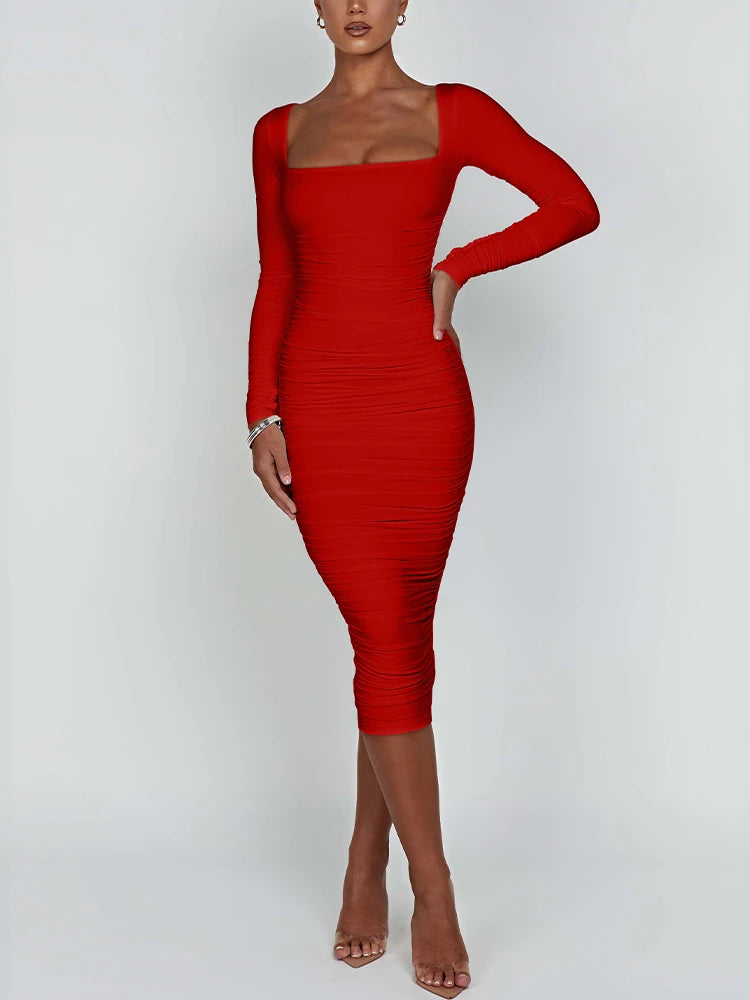 Herbst und Winter Damen Sexy Bodycon Kleid Quadratischer Ausschnitt Langarm Abendkleider für Damen
