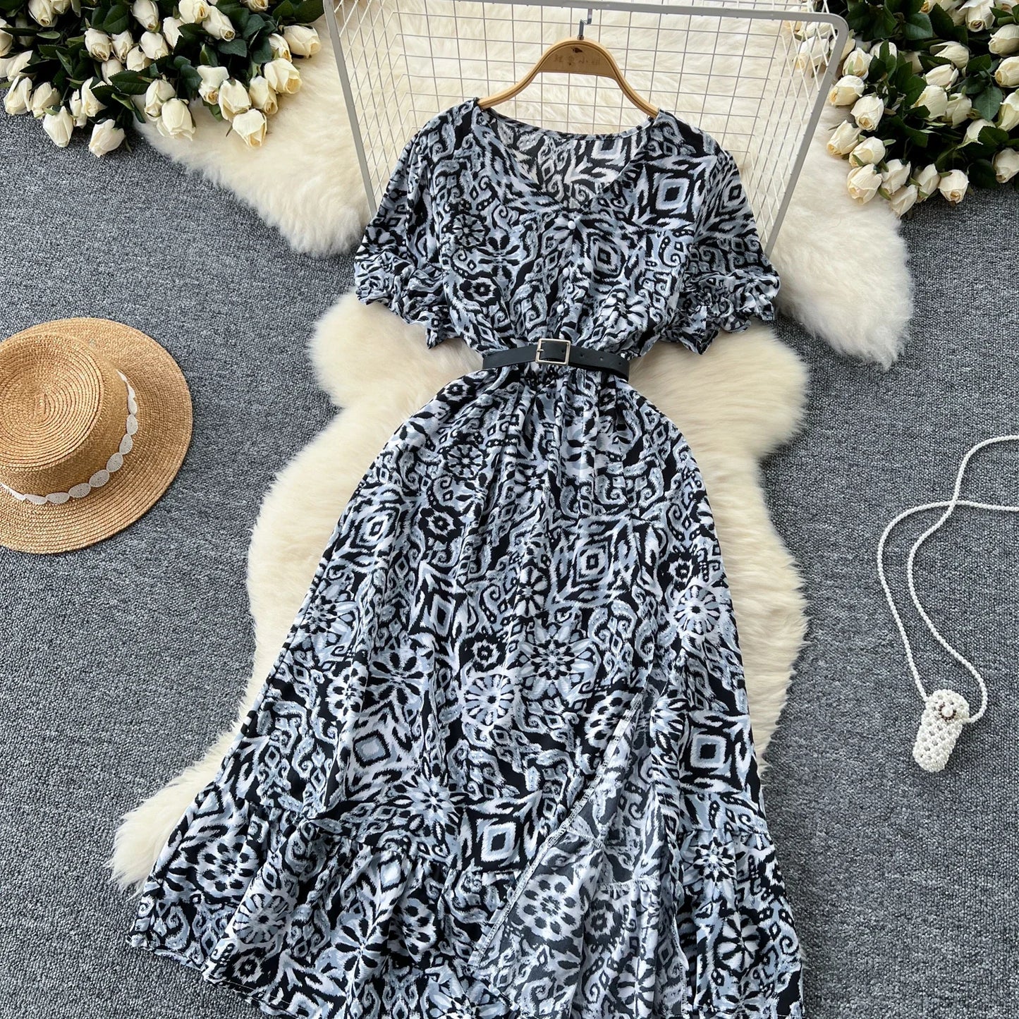Sommer Plissiert Damen Knopfkleider Lässige Strandurlaub Kurzarm V-Ausschnitt Damen Midikleid Böhmische Mujer Vestidos