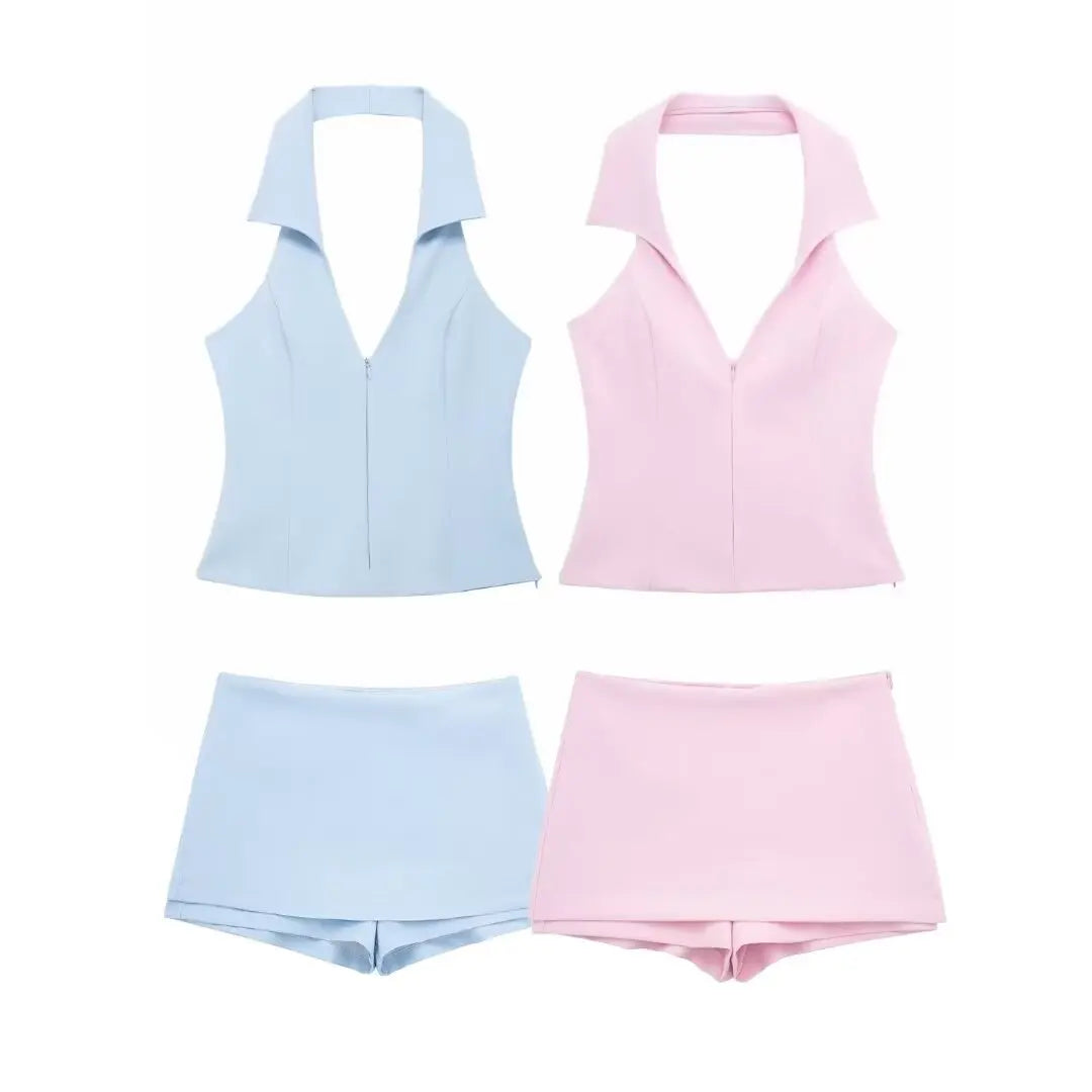 HH Women Pink 2 Piece Set Sexy V-Neck Sleeveless Backless Suspender Zipper Top+High Waist Back Pocket Mini Skirts Shorts Y2K