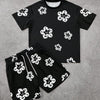 Fashion Men's Black and White Flower Graphic Print T-shirt Shorts 2-piece Set O-neck Short Sleeve Top Elastic Waist Shorts Set
