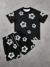 Fashion Men's Black and White Flower Graphic Print T-shirt Shorts 2-piece Set O-neck Short Sleeve Top Elastic Waist Shorts Set