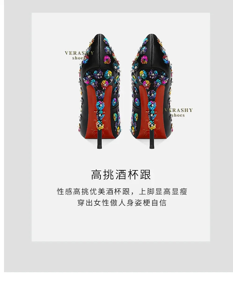 2025 Spring New High Heels Women's Embroidered Beaded Black Sexy Queen's Heel 10-12cm Pointed