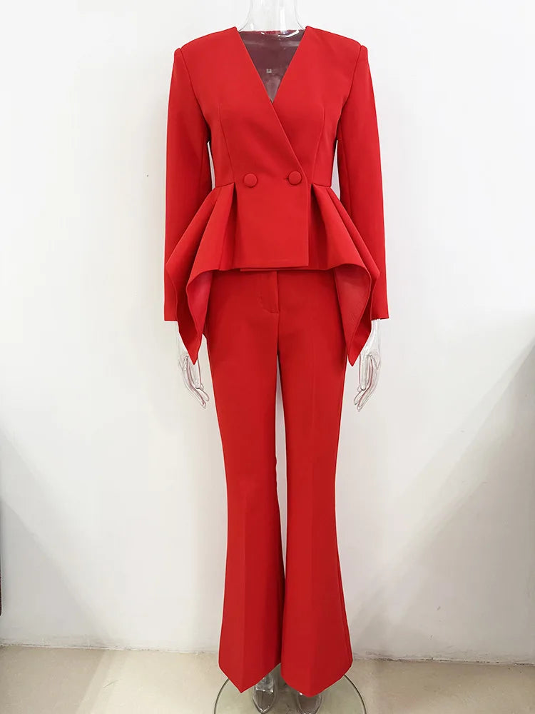 Pantsuit Suits Blazer Women Red Orange New Design Flare Pants Set Two Piece Sets Festival Office Business Female Suit Outfits