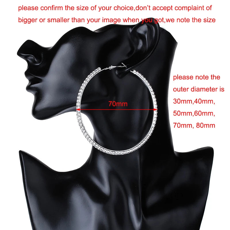 30-80mm Große Creolen für Damen Mädchen Kreis Kristall Strass Ohrringe Schwarz Gold Silber Farbe Runde Ohrringe Party Geschenk