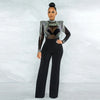 Women Jumpsuit Solid High Collar Hot Drill Mesh Shoulder Cotton Long Sleeves Long Straight Jumpsuit Sexy Party Outfits