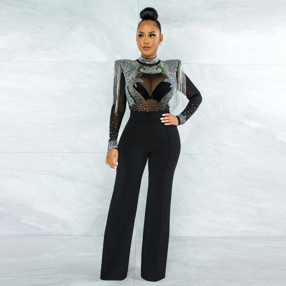 Women Jumpsuit Solid High Collar Hot Drill Mesh Shoulder Cotton Long Sleeves Long Straight Jumpsuit Sexy Party Outfits