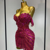 Women Sexy Sparkly Rhinestones Sequins Off The Shoulder Mesh Mini Dress Birthday Party Nightclub Dancer Stage PhotoShoot Costume