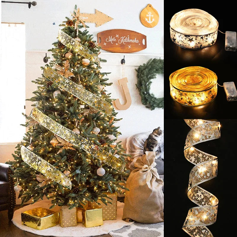 Weihnachtsdekoration LED-Band Lichter Weihnachtsbaumschmuck DIY-Spitzenschleifen Lichterkette Navidad Heimdekoration Neujahr 2023