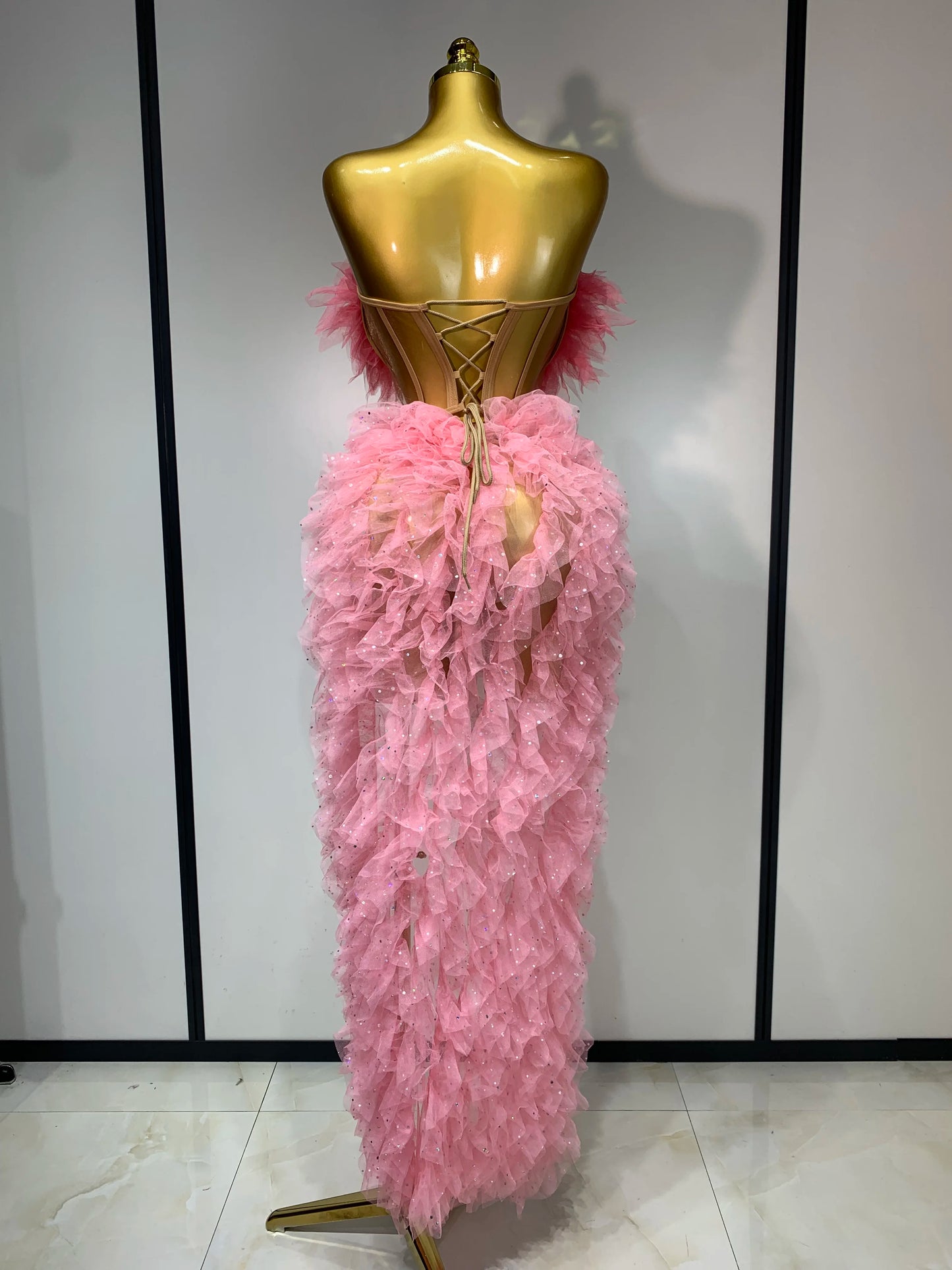 Women Sexy Strapless Ruffles two Pieces Set Bodycon Long Dress High Split Fashion Nightclub Party Birthday  Singer Stage Outfit
