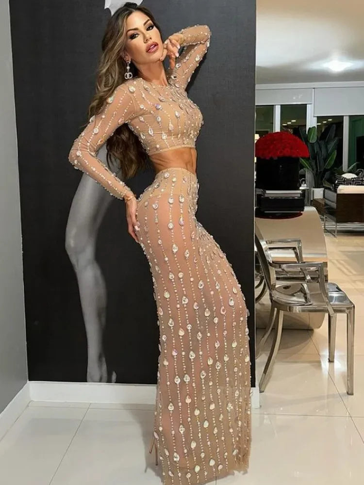 Festival-Outfit Damen High-End-Mode Nude-farbenes Strass-Mesh-Langarm-Crop-Top mit Rundhalsausschnitt und lange Röcke Gala zweiteiliges Set