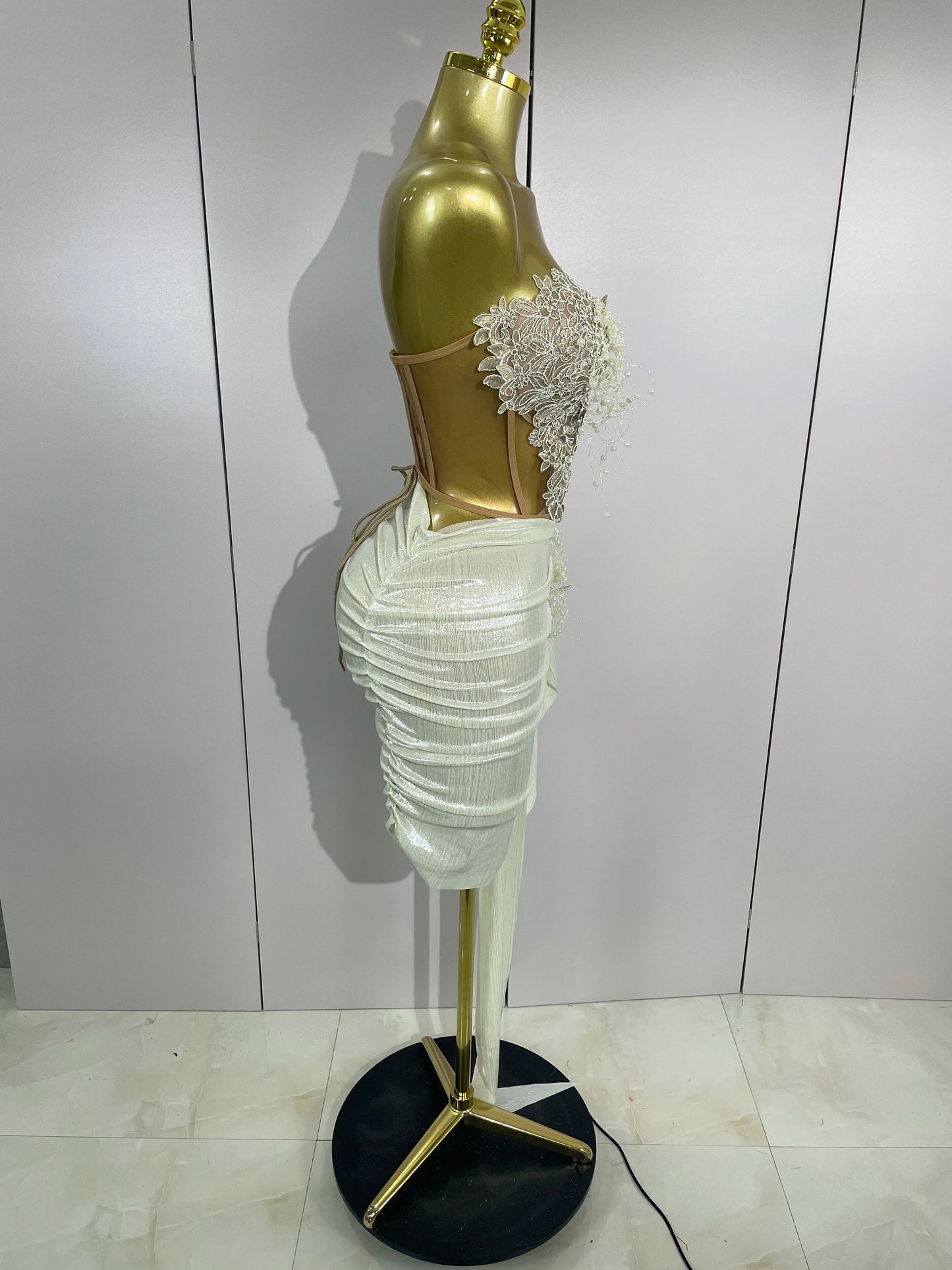 STOCK Luxury Shining Pearls Sexy Asymmetrical Skirt 2 PCS Set 2025 Women Evening Birthday Party Stage Dancer Performance Costume