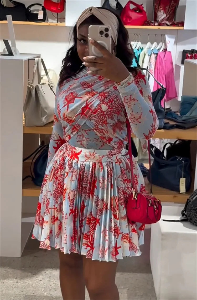 Women Two Piece Sets Shorts Skirt Set Full Sleeve Print Top Short Skirts A Line Pleated High Waist Y2k Streetwear Elegant Autumn