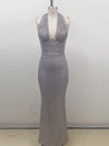 Sexy Neckholder Maxikleid mit tiefem V-Ausschnitt, Pailletten, Damen, Grün, Ärmellos, Rückenfrei, Pailletten, Schlankes langes Kleid, Celebrity Partykleider