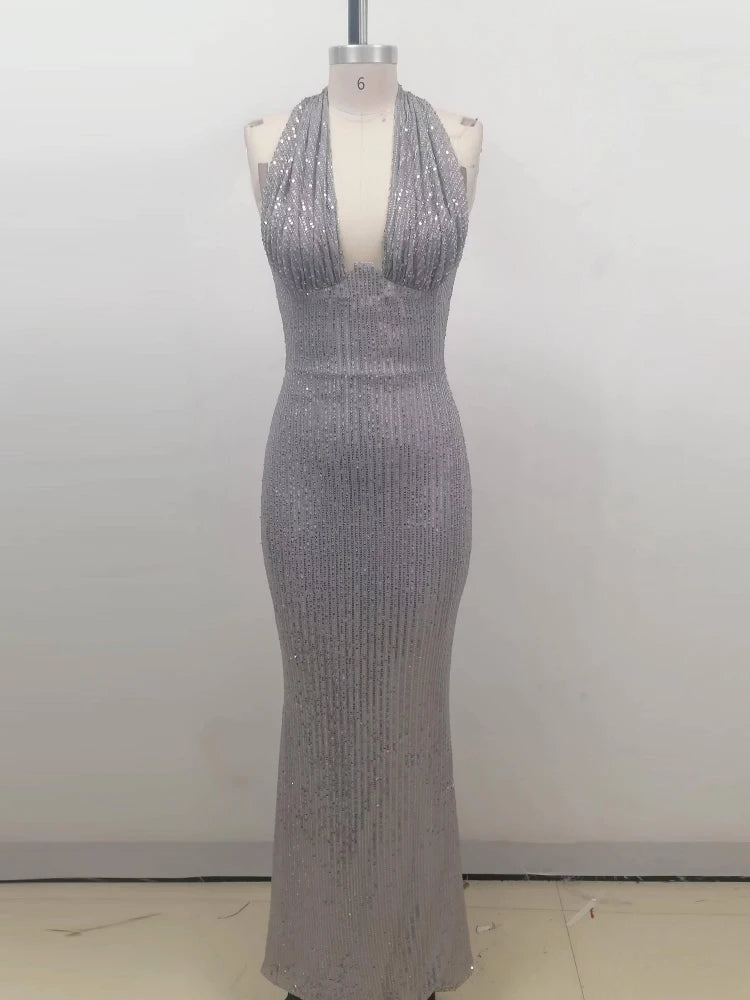 Sexy Neckholder Maxikleid mit tiefem V-Ausschnitt, Pailletten, Damen, Grün, Ärmellos, Rückenfrei, Pailletten, Schlankes langes Kleid, Celebrity Partykleider