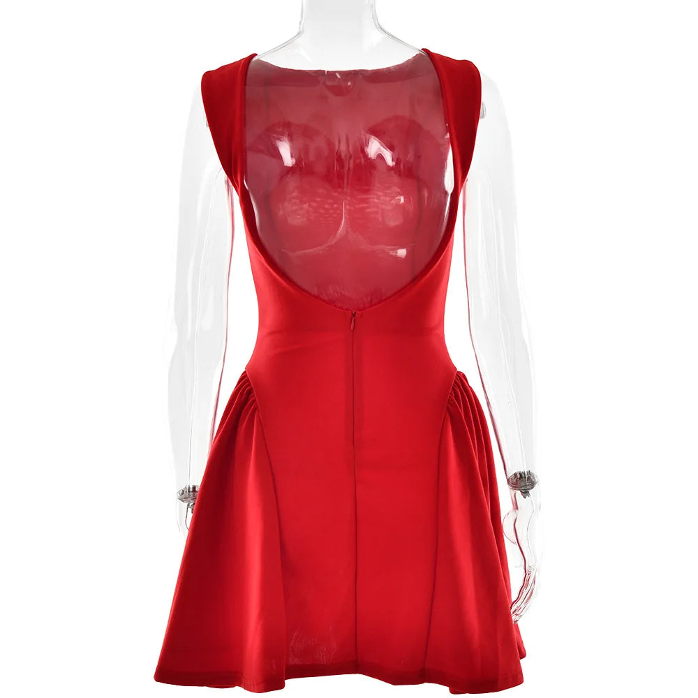 CM.YAYA Summer Women Sleeveless Elegant O-Neck Ruched A-Line Dress 2025 Beach Holiday Backless Night Club Party Dresses Vestidos