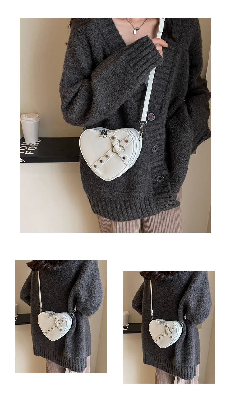 Vintage Y2K Kleine Kettennieten-Umhängetasche Herzförmige Geldbörse Handtasche Rotes PU-Leder Gothic Tote Bag Mode Frauen Umhängetasche