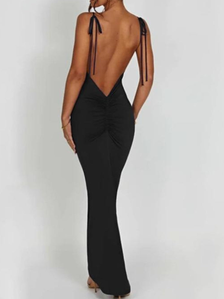 Elegantes, tief ausgeschnittenes, rückenfreies, eng anliegendes Maxikleid für Damen – Spaghettiträger, ärmellos, Bodycon-Kleid, sexy Club-Party-Kleider