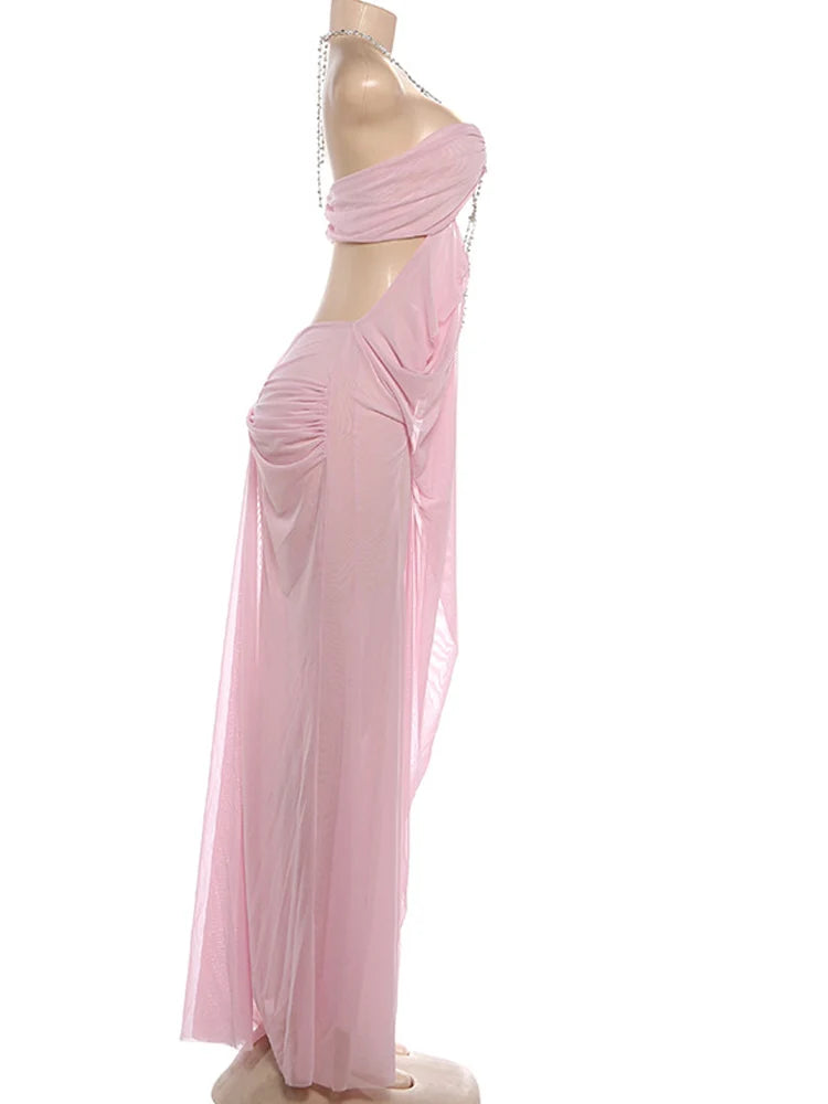Beyprern Sexy Rhinestone Chain Halter Backless Maxi Dress Women 2026 Summer Cut Out Ruched Club Vestidos Bodycon Long Dresses