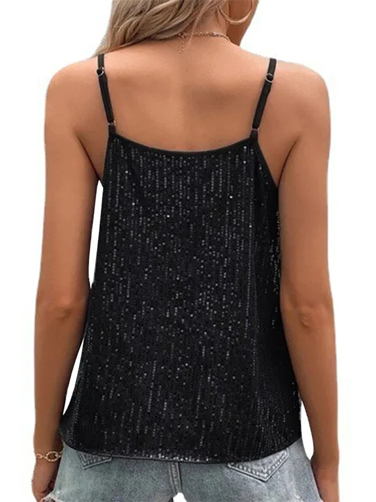 Women Glitter Loose Camisole Tops Sleeveless V Neck Vest Casual Elegant Tank Tops Female Summer Shirts