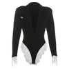 Joskaa Damen Spitze Patchwork Schwarzer Blazer Bodysuit Sexy Tiefer V-Ausschnitt Langarm Einteiler Romper Coquette Midnight Clubwear