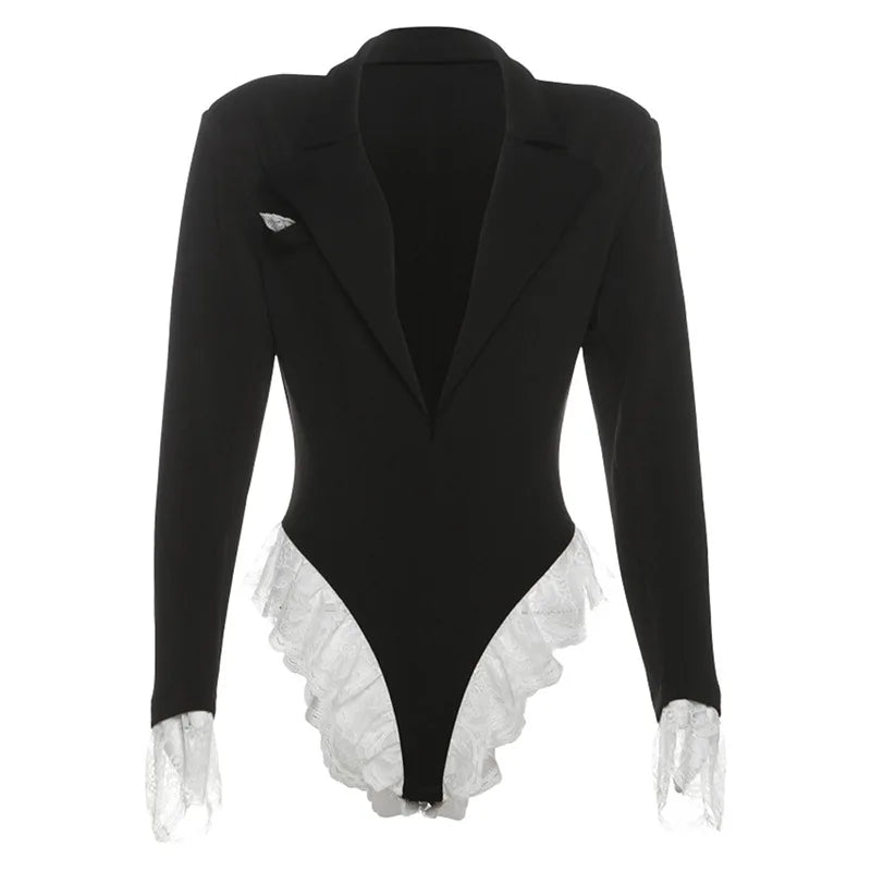 Joskaa Damen Spitze Patchwork Schwarzer Blazer Bodysuit Sexy Tiefer V-Ausschnitt Langarm Einteiler Romper Coquette Midnight Clubwear