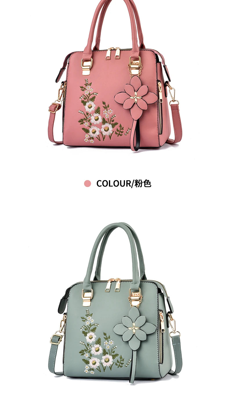 Floral Detail Shoulder Bag, Trendy Zipper Handbag For Work, Casual Crossbody Bag, Women's Floral Decor Purse