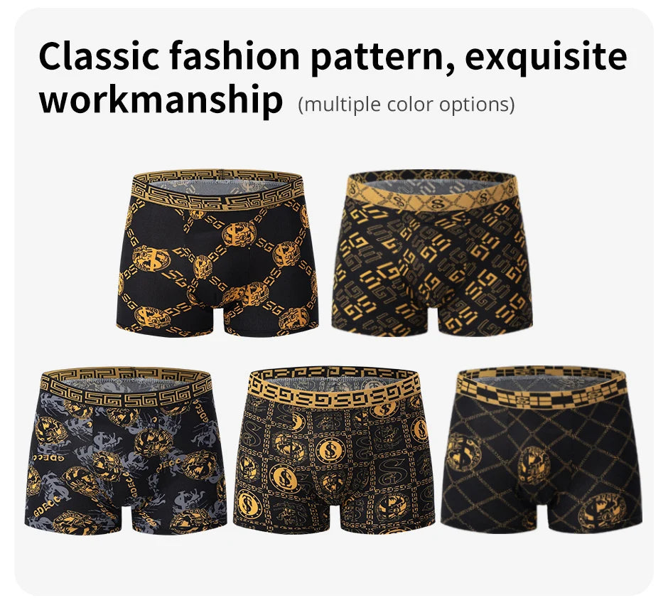 5/10er Pack Herren Boxer-Unterhosen, Schwarz Gold Bedruckt, Bequem und Vielseitig, Übergröße, Sexy, für junge Männer, Freizeit, Sport, Strandsh