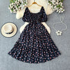 2024 New Summer Flower Print Long Dress Women Vintage Square Neck Ruched Chest Sash Bandage Sundress Party Vestidos