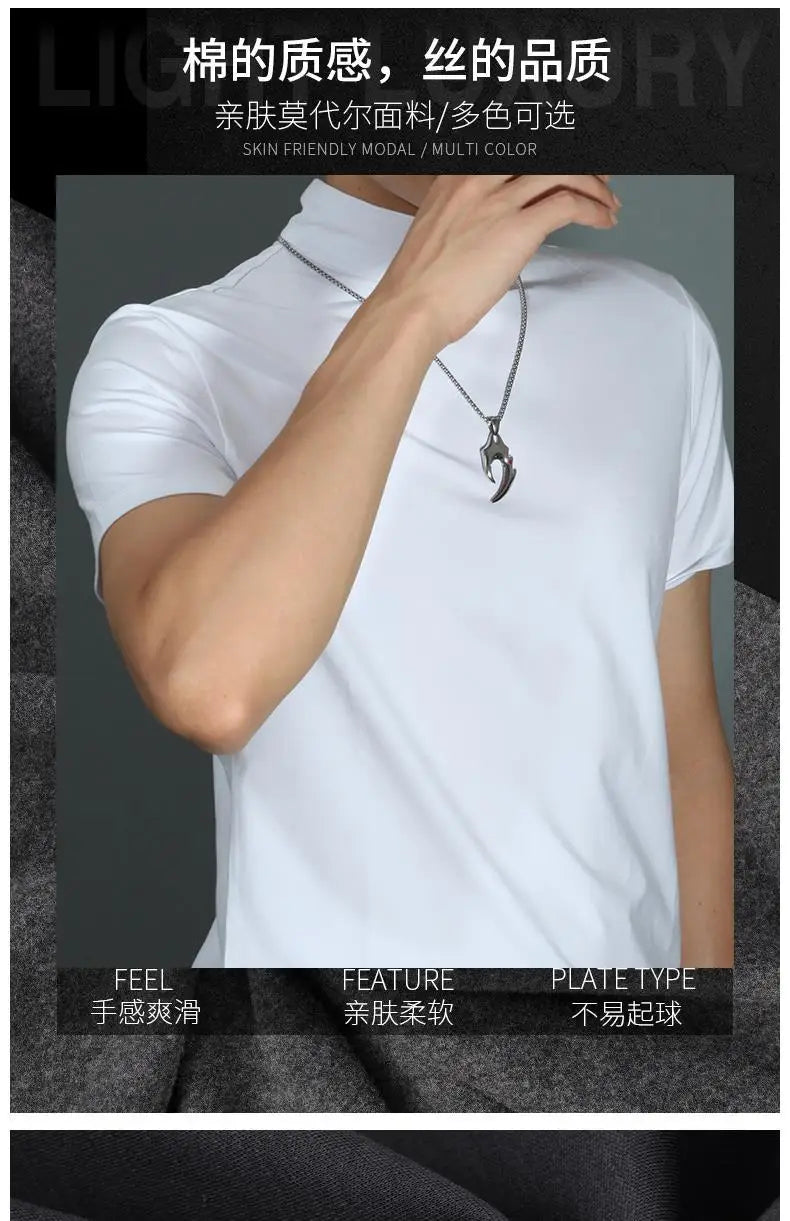 Men's Modal High Neck Short Sleeve T-Shirt Bottoming Shirt Silk Model Golf Wear Luxury Clothing Men's T-Shirt Bottoming Shirt