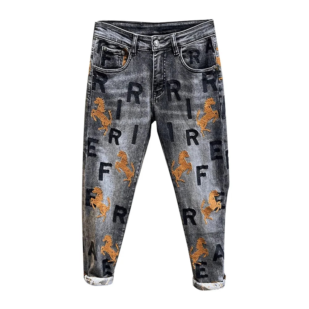 Herren Jeans Bestickte Beinschlankmachende Hose Lässige Streetwear Vielseitige Personalisierte Bleistifthose Herrenbekleidung Frühjahr 2024 Neu