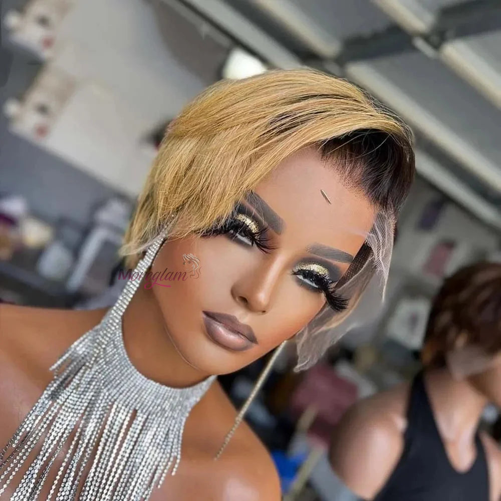 Kurze Bob Perücke Pixie Cut Perücke Glatte Echthaarperücken 13x4 Transparente Lace Front Perücke Für Frauen Highlight Glatte Pixie Cut Perücke