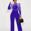 Women Jumpsuit Solid High Collar Hot Drill Mesh Shoulder Cotton Long Sleeves Long Straight Jumpsuit Sexy Party Outfits