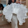 White Pleated Ruffle Crop Top Women Oversized Fan Sleeve Stand Collar Elegant Formal Evening Party Blouse