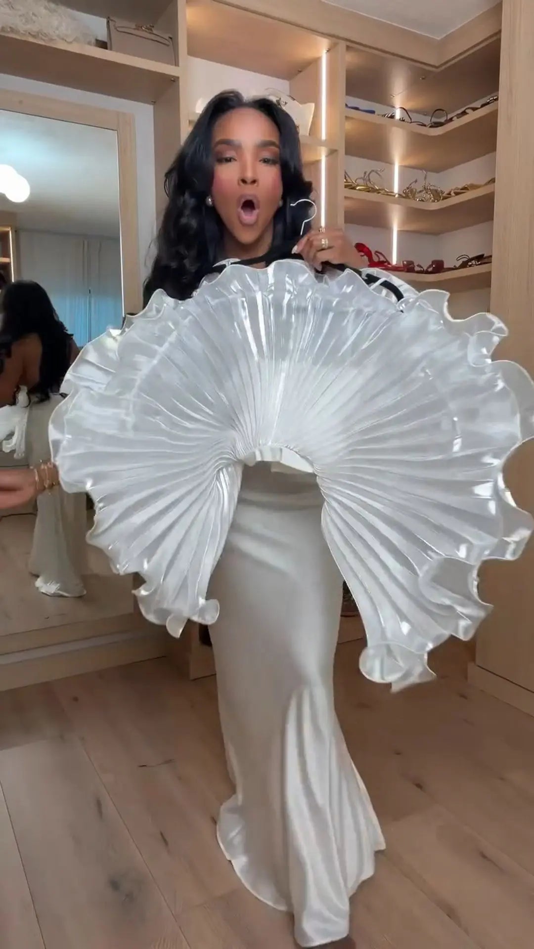 White Pleated Ruffle Crop Top Women Oversized Fan Sleeve Stand Collar Elegant Formal Evening Party Blouse