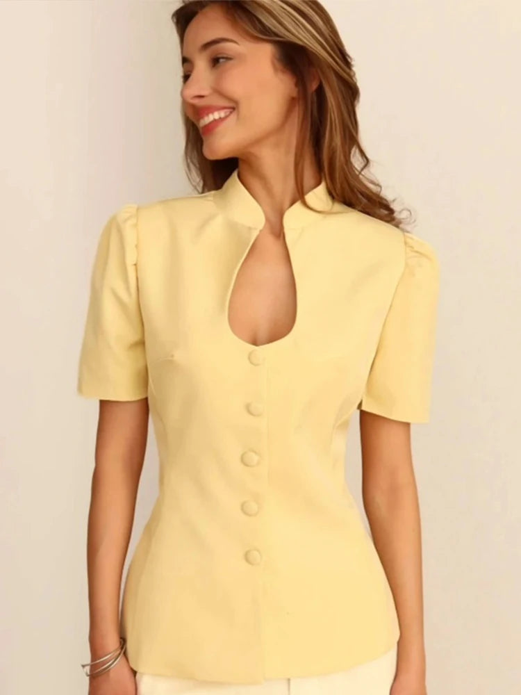 Fashion Women's Stand Collar Blazer Short Sleeve Button Puff Sleeves Solid Lady Top 2025 Summer Autumn Elegant Female Coat