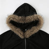 BIIKPIIK Pelzkragen Kapuzenmäntel für Damen Lässiger Reißverschluss Slim Hoodies Einfache All-match Schwarz Harajuku Mantel Herbst Winter Sweatshirts