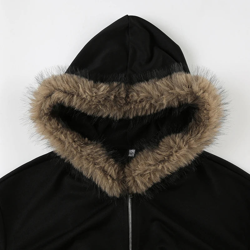 BIIKPIIK Pelzkragen Kapuzenmäntel für Damen Lässiger Reißverschluss Slim Hoodies Einfache All-match Schwarz Harajuku Mantel Herbst Winter Sweatshirts