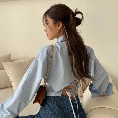 Gidyq Koreanisches Bandagenshirt Damen Mode Rückenfrei Sexy Bluse Büro Damen Casual Slim Chic Umlegekragen Langarm-Oberteile