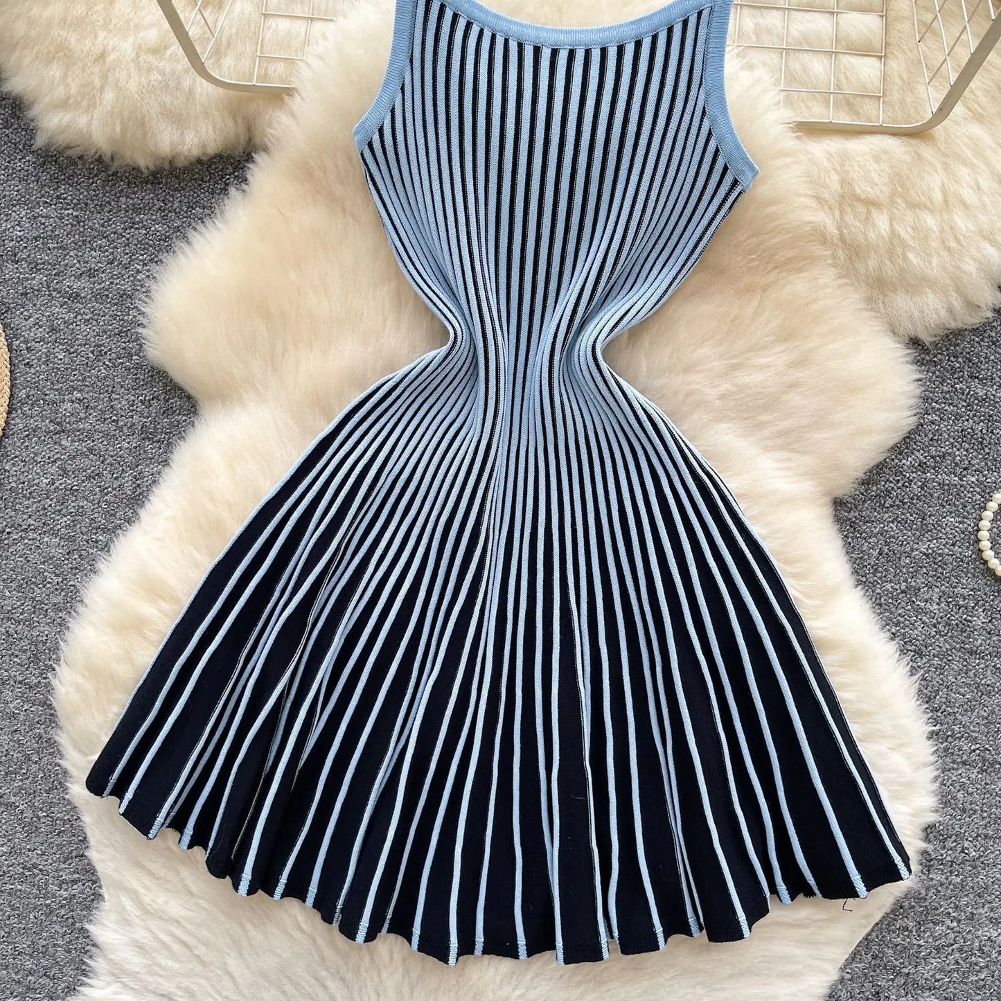 Joskaa 2026 Autumn Retro Striped Knit Dress Women Elegant Pleated Waist Slim Low Cut Sleeveless A-line Slip Dress Streetwear