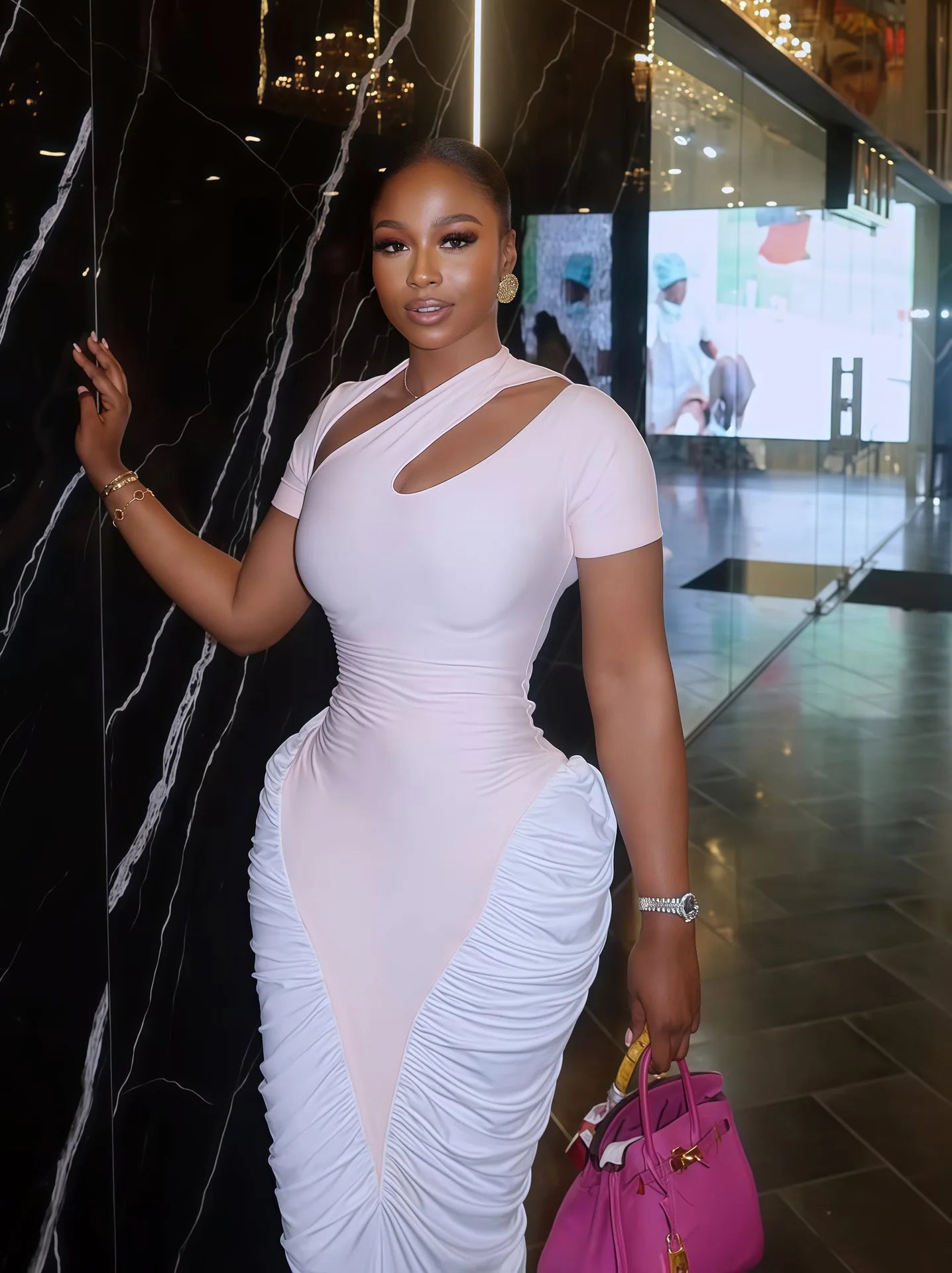 Women's Elegant Ruched Dress Asymmetric Cut Out Neckline Short Sleeve Long Dress Formal Wedding Guest & Evening Party Outfit