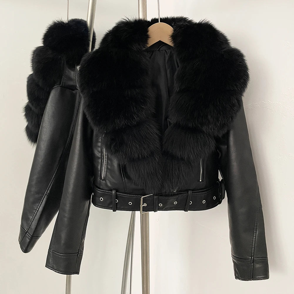 OFTBUY Natural Fox Fur Faux Leather Jacket Female New Autumn Short Top Clothing Women Long Sleeve Fake Leather Real Fur Coat