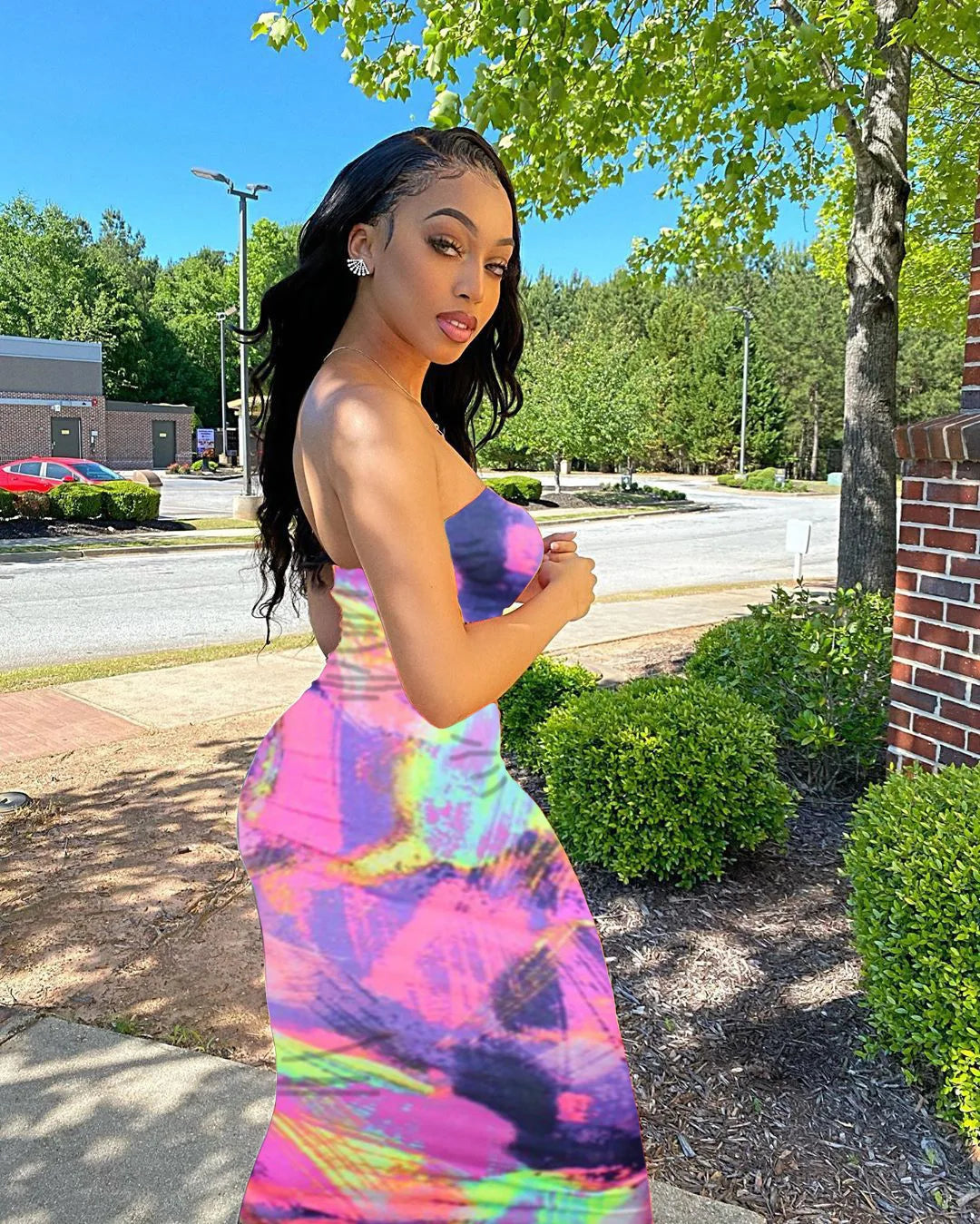 Spring/Summer Women's Colorful Tie Dye Print Off Shoulder Wrapped Chest Dress