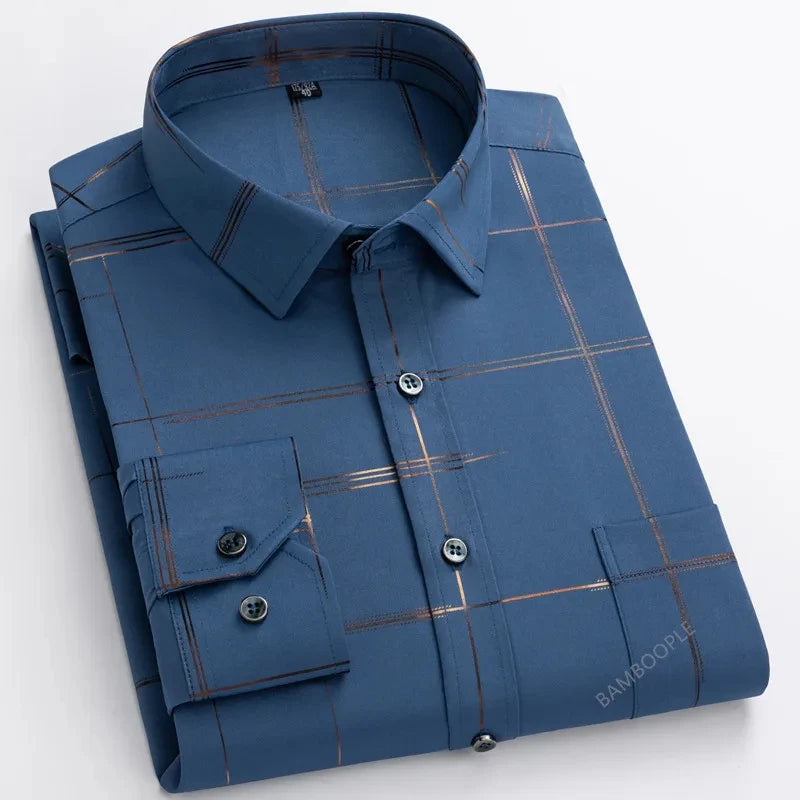 Men's Print Shirt Autumn Spring Long Sleeve Thin Non Iron Fashion Business Causal Social Anti-wrinkle Plaid Slim Fit Chemise Hom
