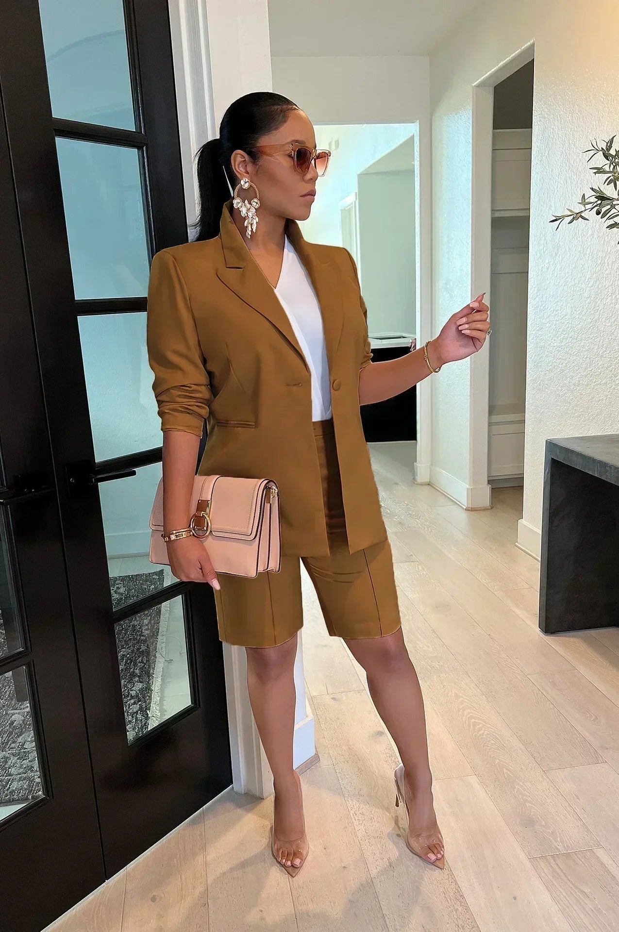 2 Piece Set Blazer Short Suits Knee Length Pant Set Simple Solid Color Office Suit Lady Women Blazer Trousers Two Piece Set