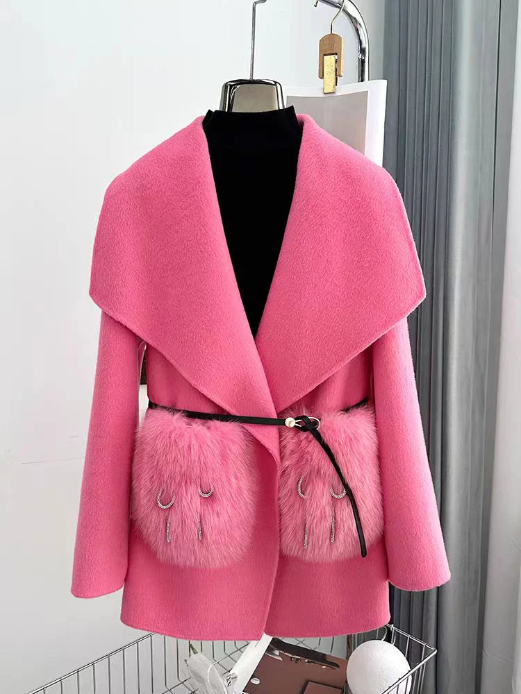 2024 New Winter Real Natural Fox Fur Pocket Coat Ladies Outwear Female Coat Cashmere Wool Woolen Women Luxury Jacket